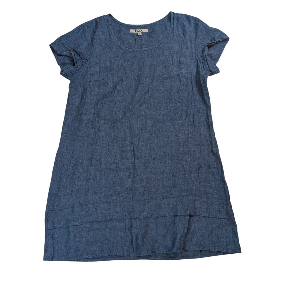 FLAX Blue Linen Short Sleeve Shift Dress Pintuck Hem Medium